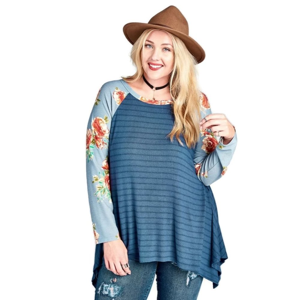 Oddi Floral & Striped Knit Trapeze Tunic, Blue
